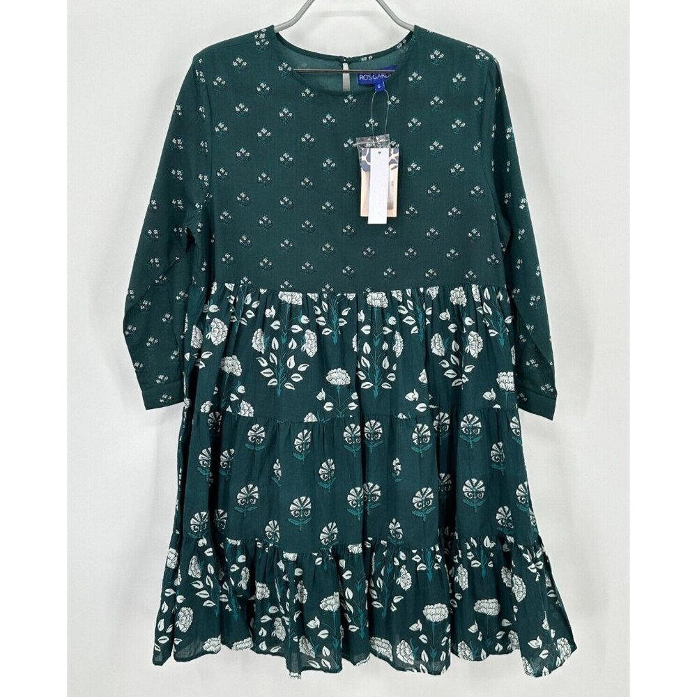 Ro's Garden Teal Green Renee Mini Dress sz S Floral Patchwork Print Tiered